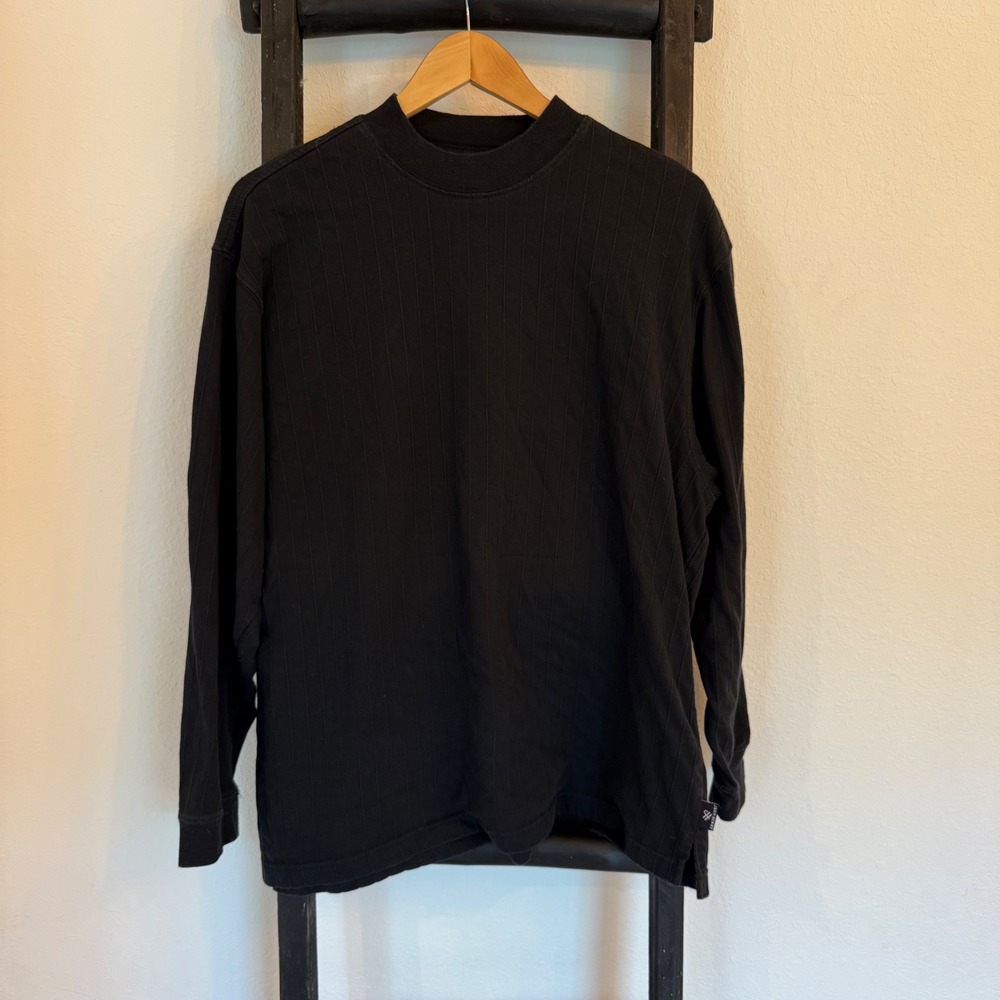 John Henry Ribbed Mock Neck Long Sleeve Shirt Mens XL Black Vertical Stripe